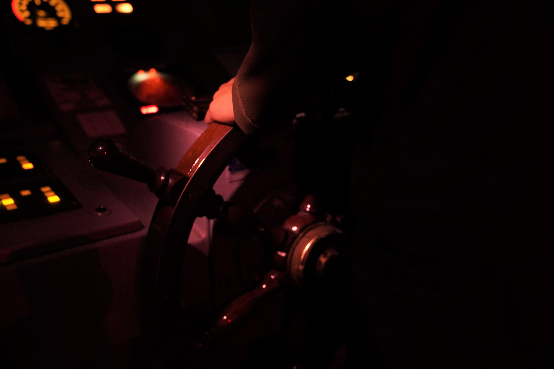 Ship's helm at night